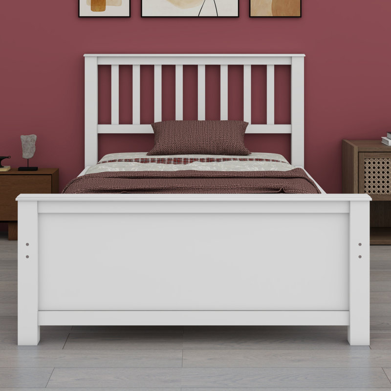 Lit plateforme en bois avec tête de lit, pied de lit et lattes en bois, White
