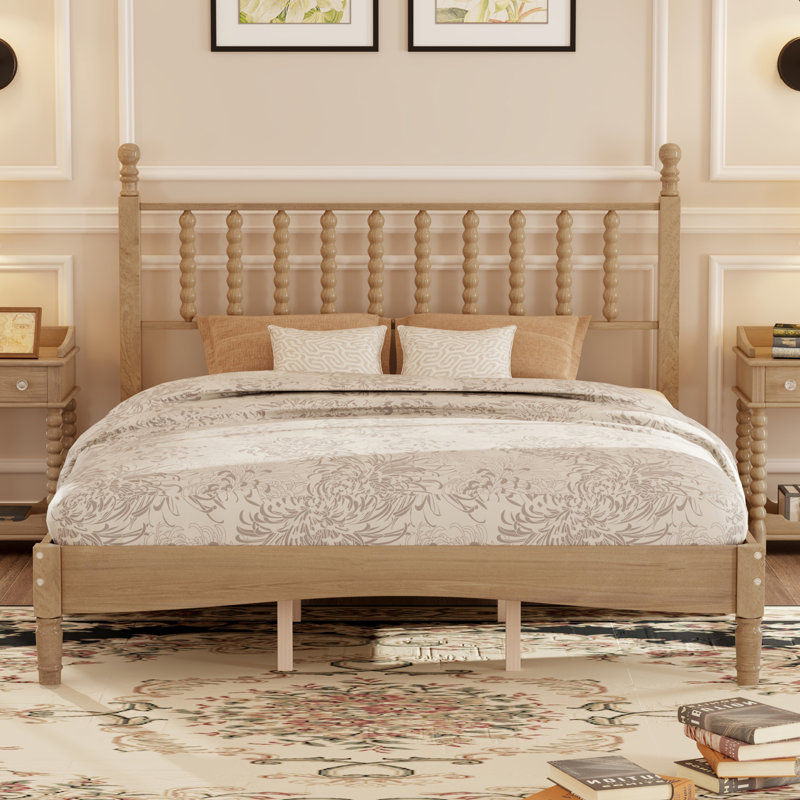 Retro Style Platform Bed with Gourd Shaped Headboard, Natural, Queen