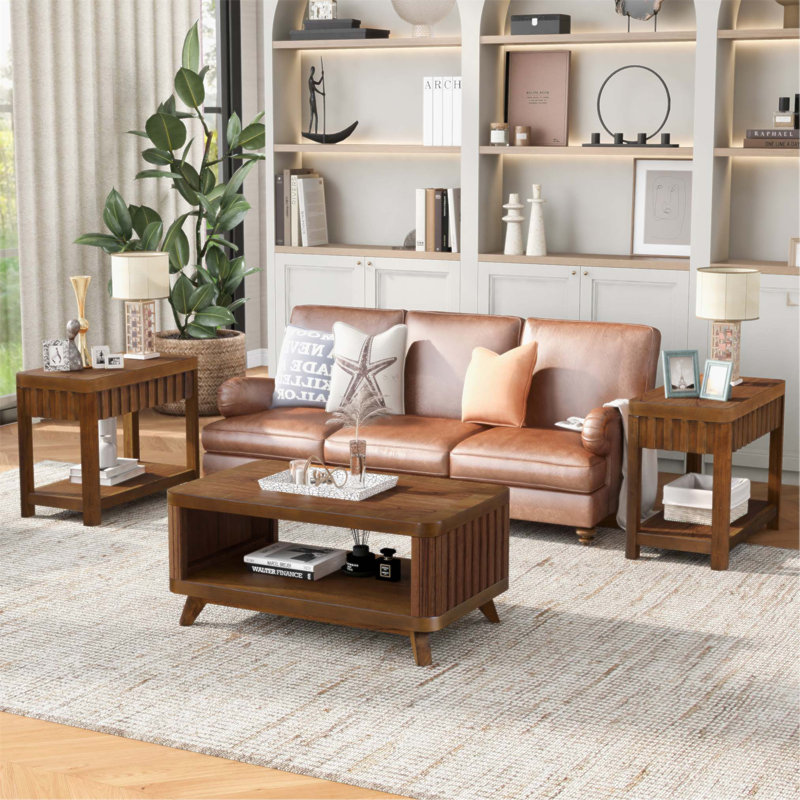 Table de bout rectangulaire 25 po avec rangement, pieds en bois massif et surface imperméable pour le salon et la chambre à coucher