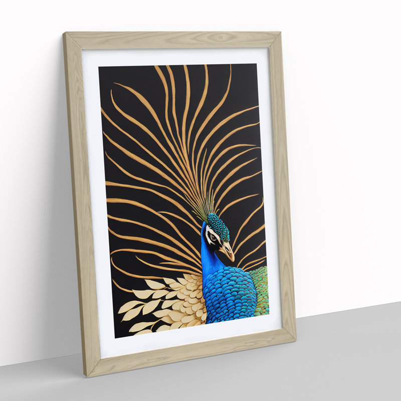 Striking Peacock Art No.4 - Framed Print, 64cm H x 46cm W, Oak