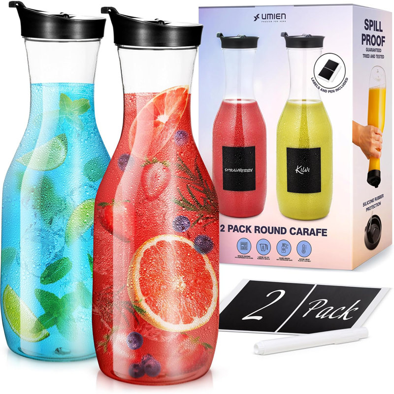 Umien 50 Oz Water Carafe with Flip Top Lid set of 2 | BPA Free Clear Plastic Carafe Pitcher
