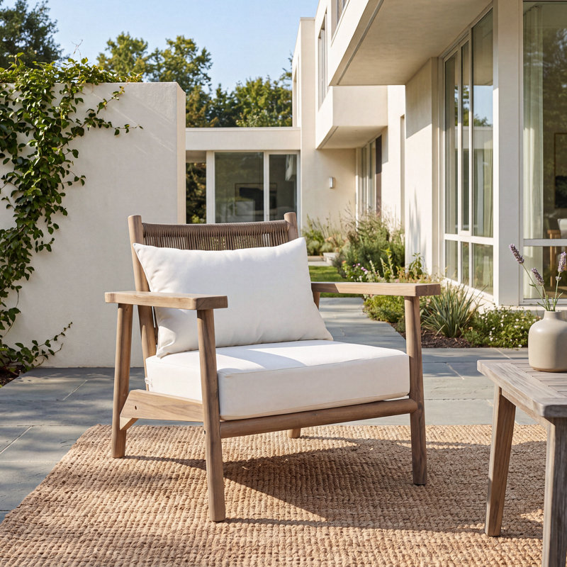 Chaise avec accoudoirs d'extérieur Lorcan Mid-Century, 2, Coussin beige / gris chaud