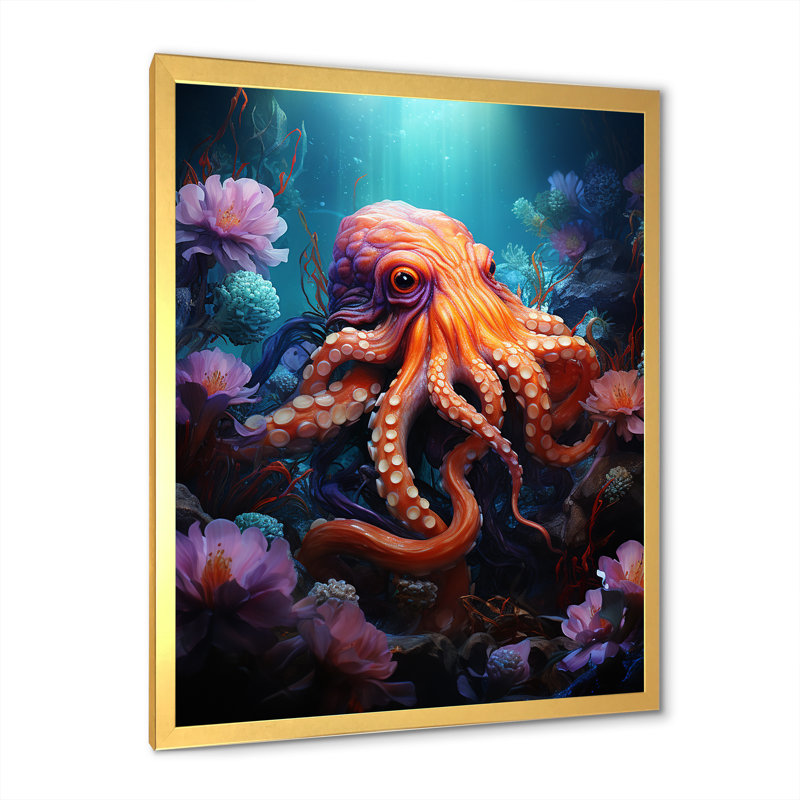 Popup Octupus Impression I, Cadre doré simple, H 20 po x l 12 po x P 1 po