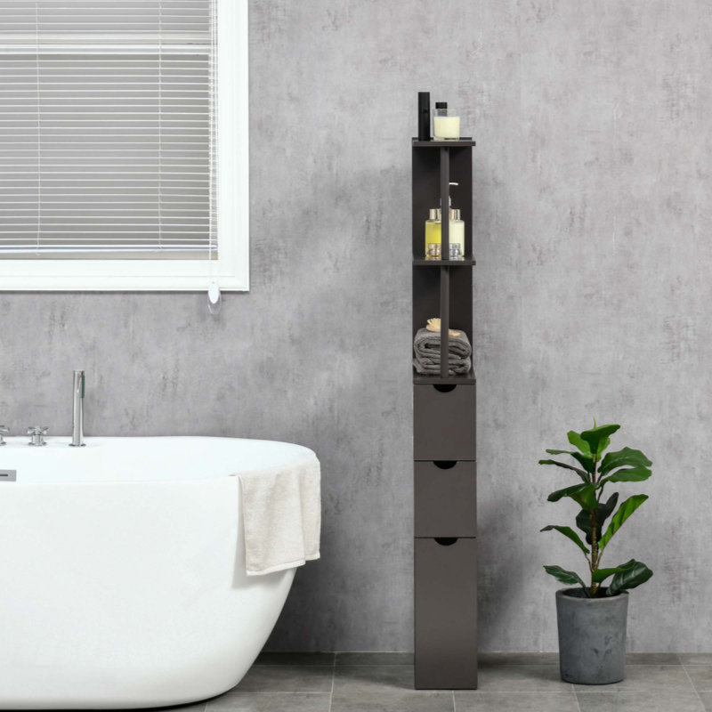 Grande armoire de rangement pour salle de bain, tour à linge autoportante avec tablette à 2 niveaux et tiroirs, rangement pour plancher étroit
