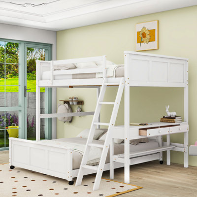 Lit superposé en bois avec bureau d'étude intégré et tiroirs de rangement