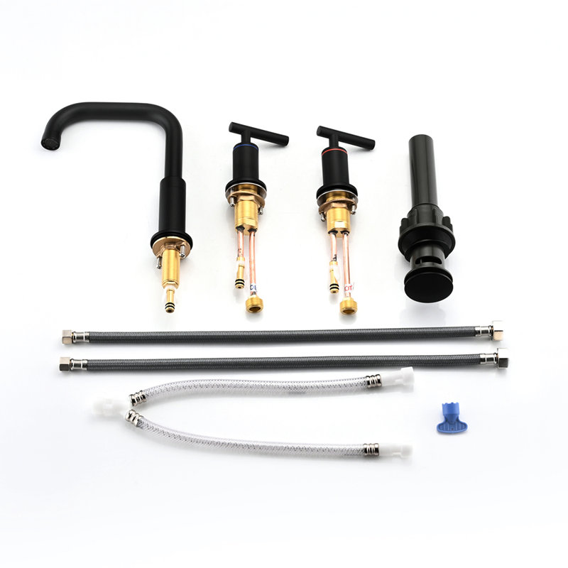 Robinet de salle de bain noir mat 8 po Très large avec poignées doubles et bonde escamotable - Laiton massif, pivotant sur 360 °, valve à disque en céramique goutte à goutte, bec de débit, 1,5 gallon par minute, facile à installer, laiton rouille et terni
