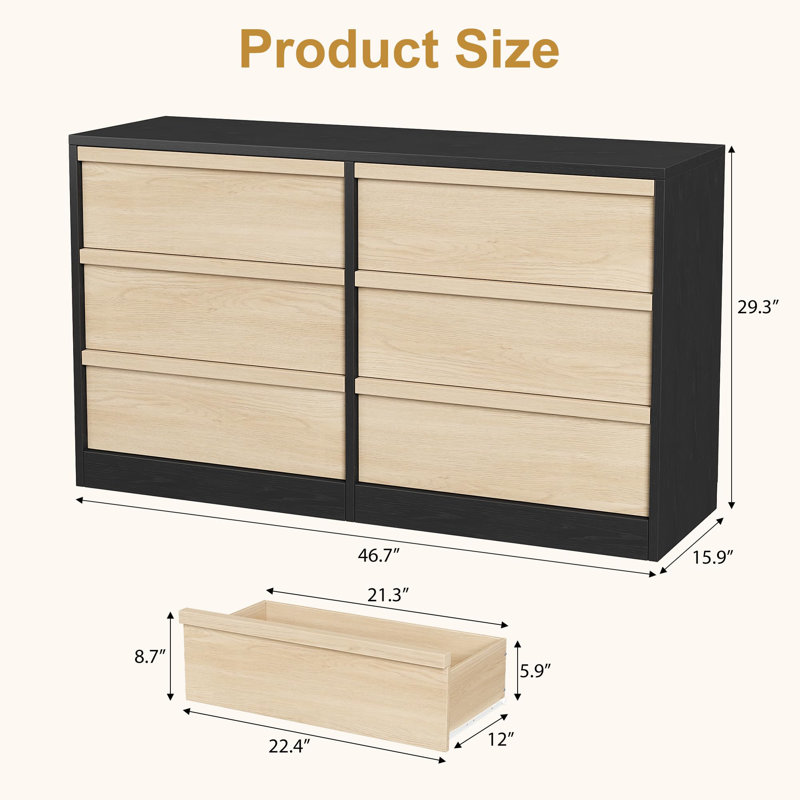 6-Drawer Dresser, 46" Wide Storage Chest for Bedroom, Living Room, Nursery & Entryway, Black