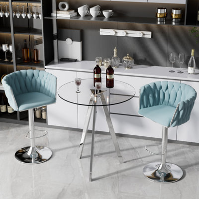 3 Piece Bar Height Set-Tempered Glass Round Table and 360°Fabric Pedestal Bar Stool (Set of 3)