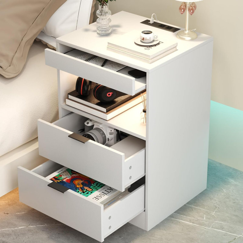 Nightstand With Charging Station, Bedside Table With 3 Drawers And LED Lights, End Table Sofa Couch Side Table With Pull-Out Shelf