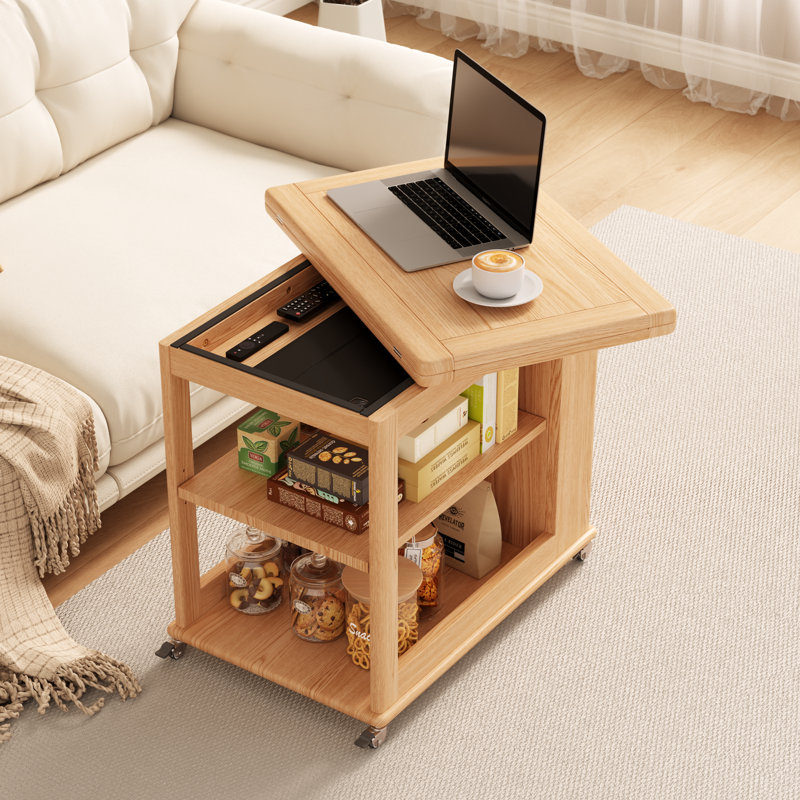27.5"-36.2"Drop Leaf Expandable Rolling Coffee Table with Double Storage Shelves, Foldable Side Dining Cart for Small Space Living Room