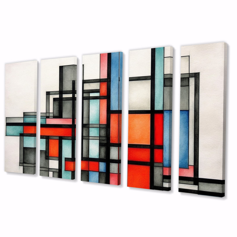 Orange And Grey Exploring Dimensions - Abstract Shapes Wall Decor - 5 Equal Panels