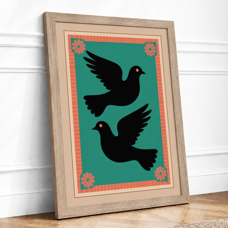 Doves in Flight Japandi - Framed Print, A1 - 84.1 x 59.4 cm, Oak