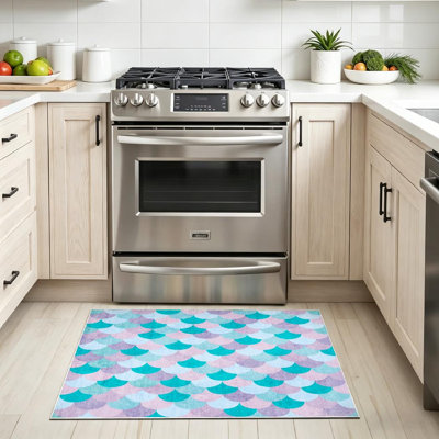 Blue Machine Washable,Multicolored Mermaid with of Fish Scales Tail Wave Girl Purple Ocean Indoor Area Rug