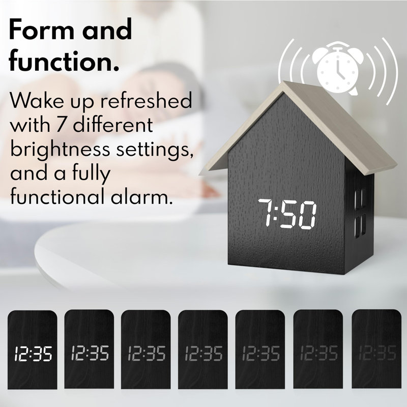 Digital House-Shaped Alarm Clock with Temperature Display & White LED Dimmer, Dark Wood/White
