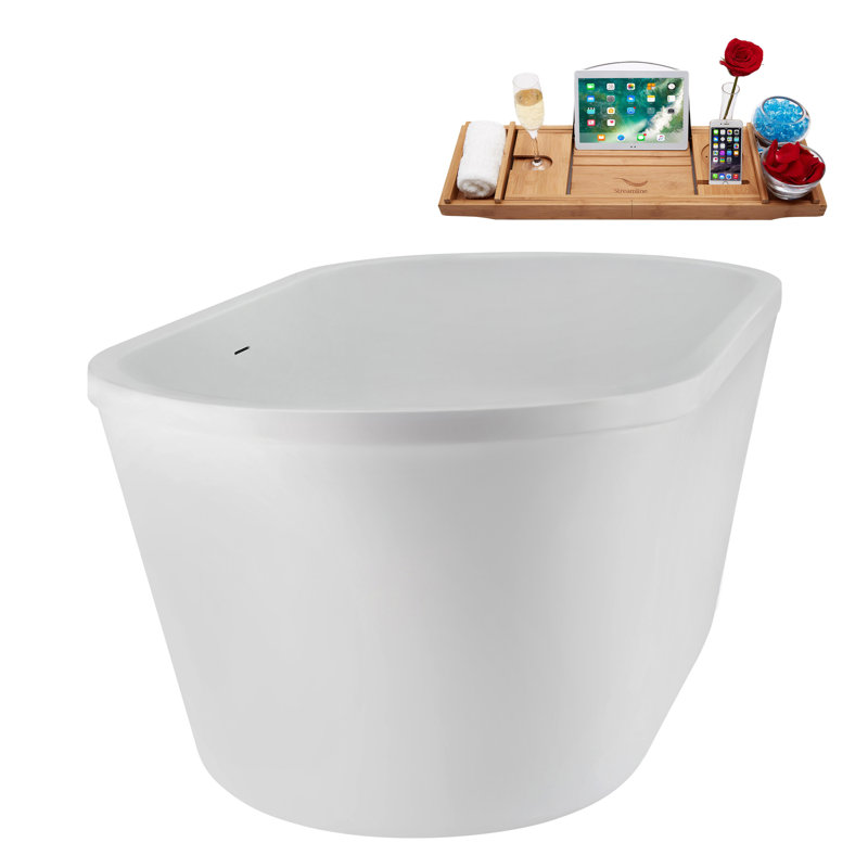 60" Streamline Soaking Glossy White Freestanding Tub and Tray With Internal Drain, Brushed Nickel