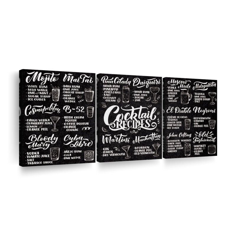 «Cocktail Recipes», reproduction d'art sur toile, H 38 po x l 18 po x P 1,25 po