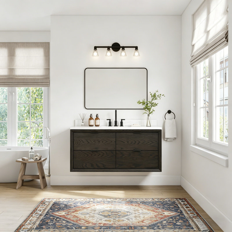 48" Transitional Floating Single Sink Solid Wood Dark Brown Oak Bath Vanity with Engineered Marble Top, Dark Brown Oak