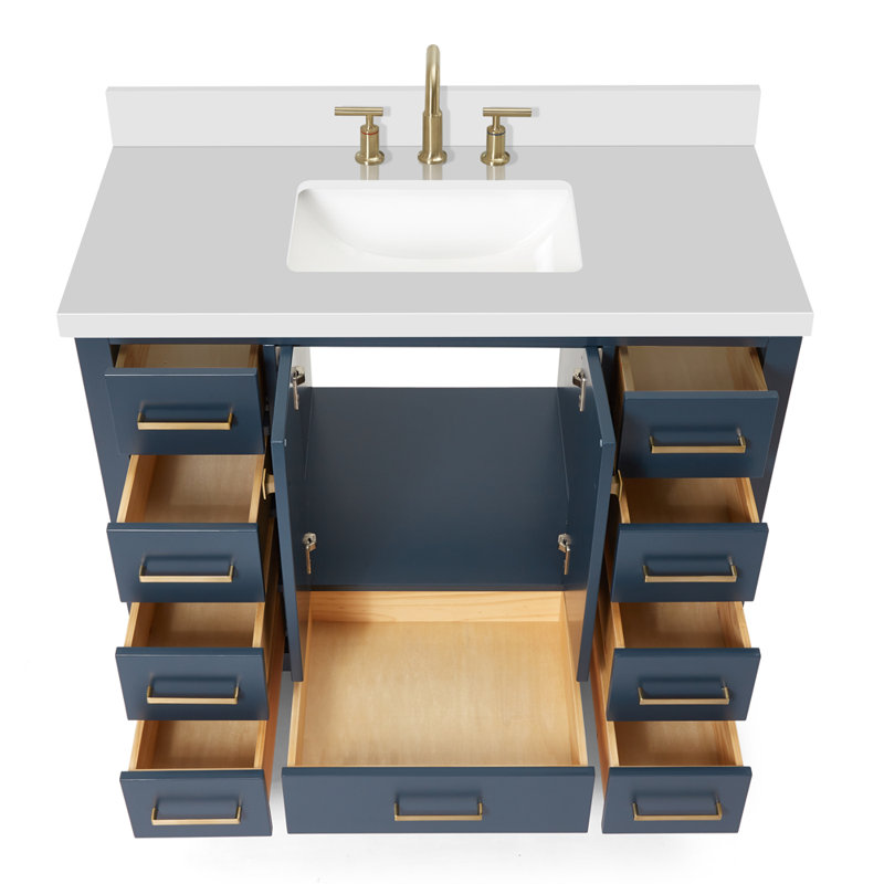 Cambridge 43 In. W X 22 In. D X 36 In. H Vanity With Quartz Vanity Top In White With Basin, Midnight Blue / Satin Brass