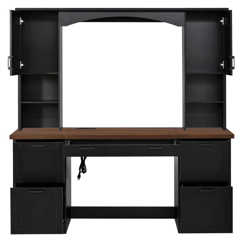 Bureau d'ordinateur arqué avec station de charge, rangement spacieux et plateau à clavier coulissant, Brun / Noir