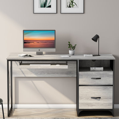 Labelle 55'' Light Grey Home Office Desks with 2 Storage Drawers, Reversible Computer Desks with Keyboard Tray and Open Shelf
