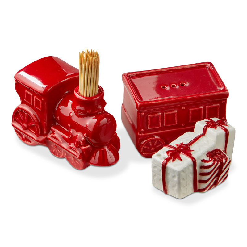 Train Toothpick Holder And Salt and Pepper Set Red Ceramic Christmas