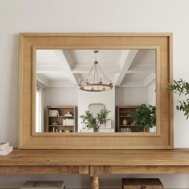 Miroir mural rectangulaire 20 "x 30" en bois massif et rotin, Brun
