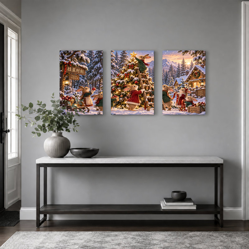 Ensemble de 3 toiles murales de Noël représentant des lapins décorant un sapin dans une forêt enneigée