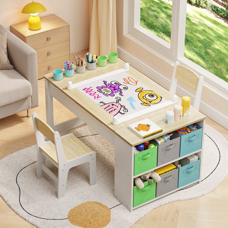 Kids Art Table And Chair Set, Convertible Art Easel & Wooden Activity/Craft Table With 2 Chairs, Storage Bins & Organizer Shelves For Toddlers’ Drawing, Playing & Learning