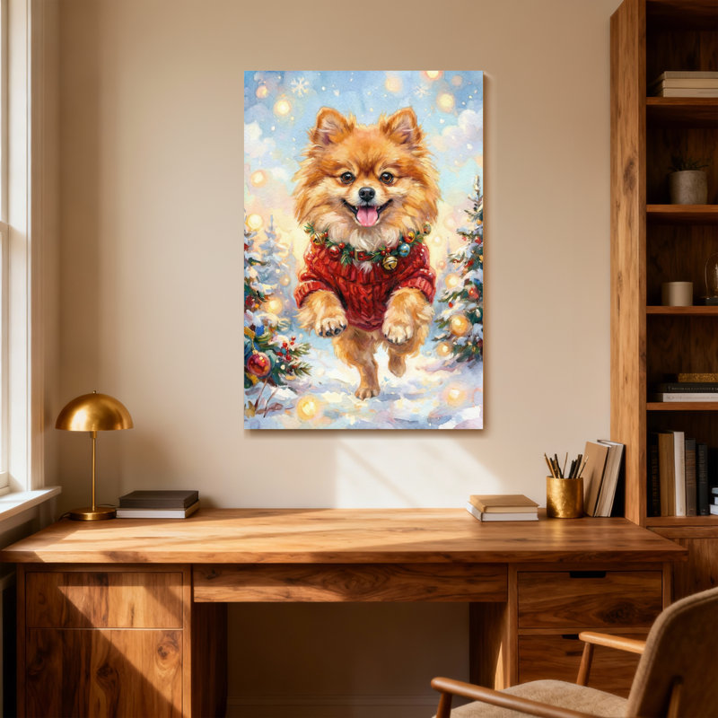 Animaux, chien de Noël dans un chandail rouge, scène de neige, H 18 po x l 12 po