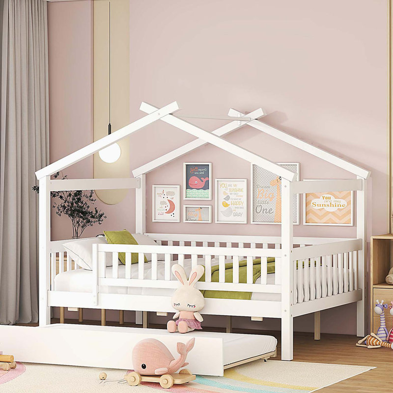 Lit double en bois avec lit gigogne simple, blanc, Blanc
