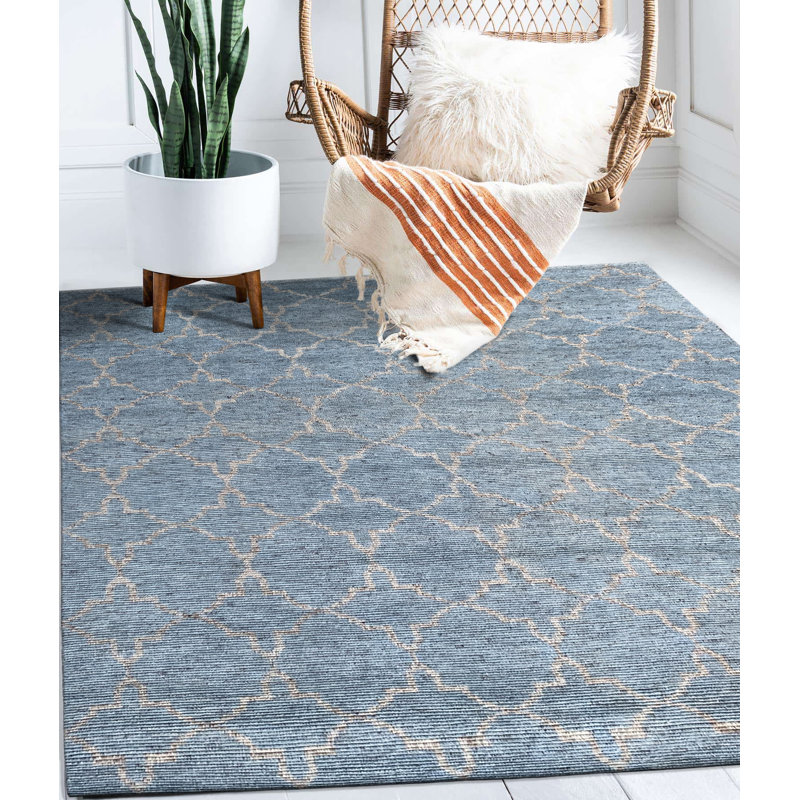 Tapis bleu contemporain en laine noué à la main bleu / argent, Rectangle 8 pi x 10 pi