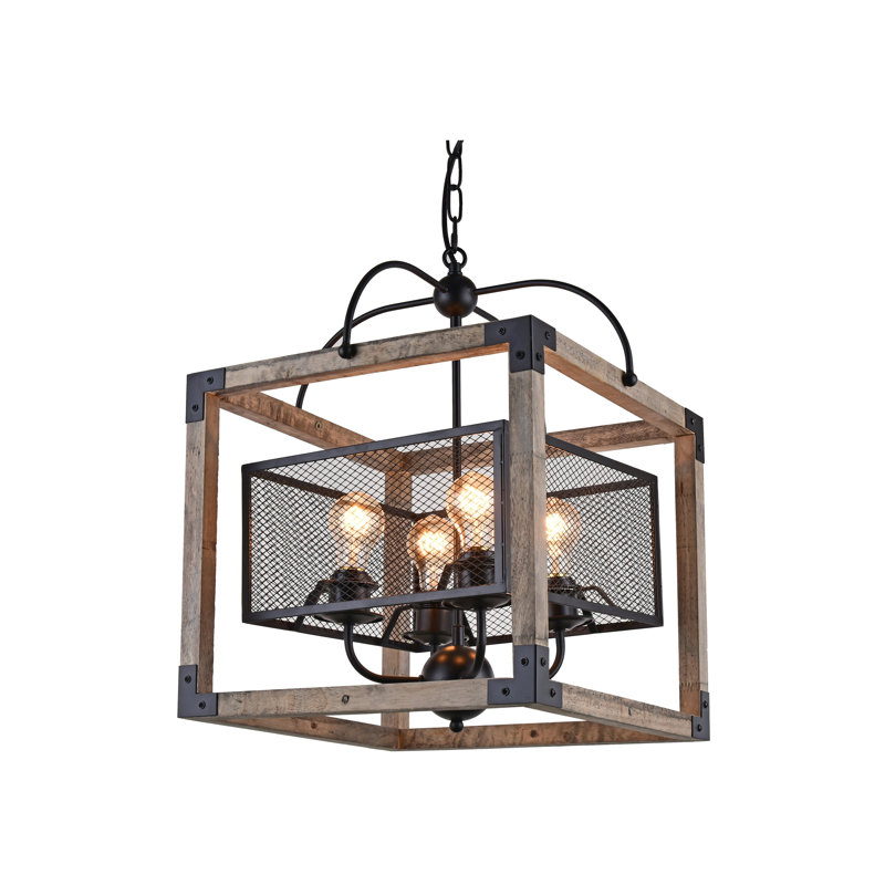 Lustre lanterne carré avec détails en bois, 4 lumières, Carré