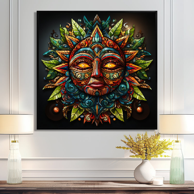 Masque de dieu aztèque Indigène - art mural amérindien salon, H 30 po x l 30 po x P 1 po, Toile avec cadre flottant noir