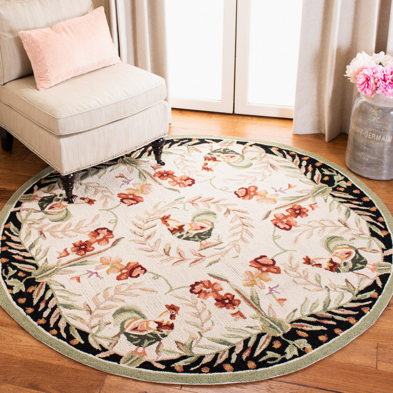 Kinchen Hand Hooked Wool Floral Rug, Round 8'