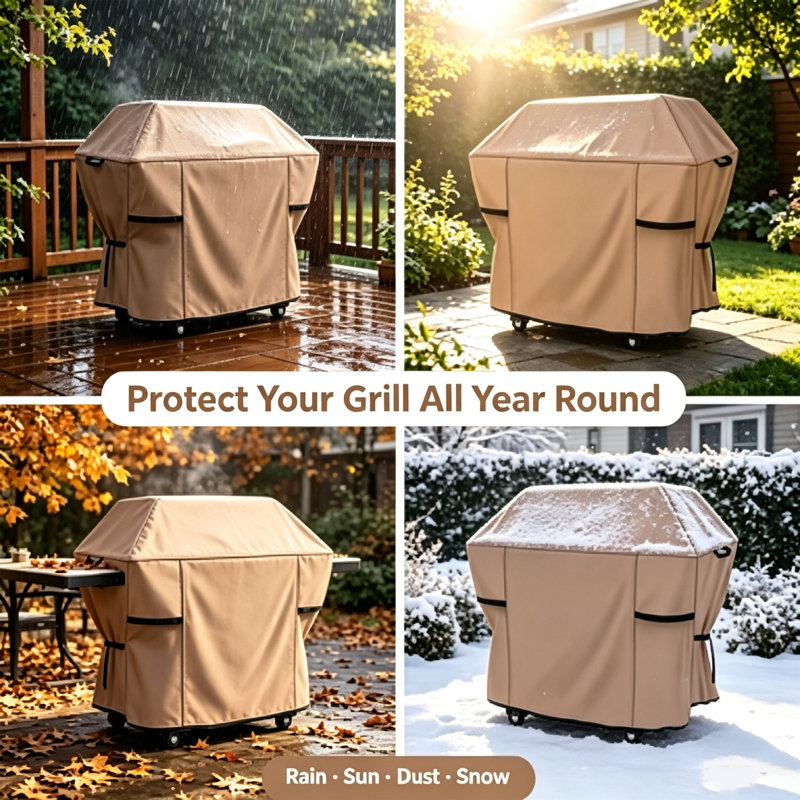Housse de protection pour barbecue 400D à revêtement argenté, protecteur de barbecue imperméable à double couture avec ruban adhésif supérieur, poignées latérales, fenêtres respirantes, boucles de réglage et sac de rangement à fermeture à glissière