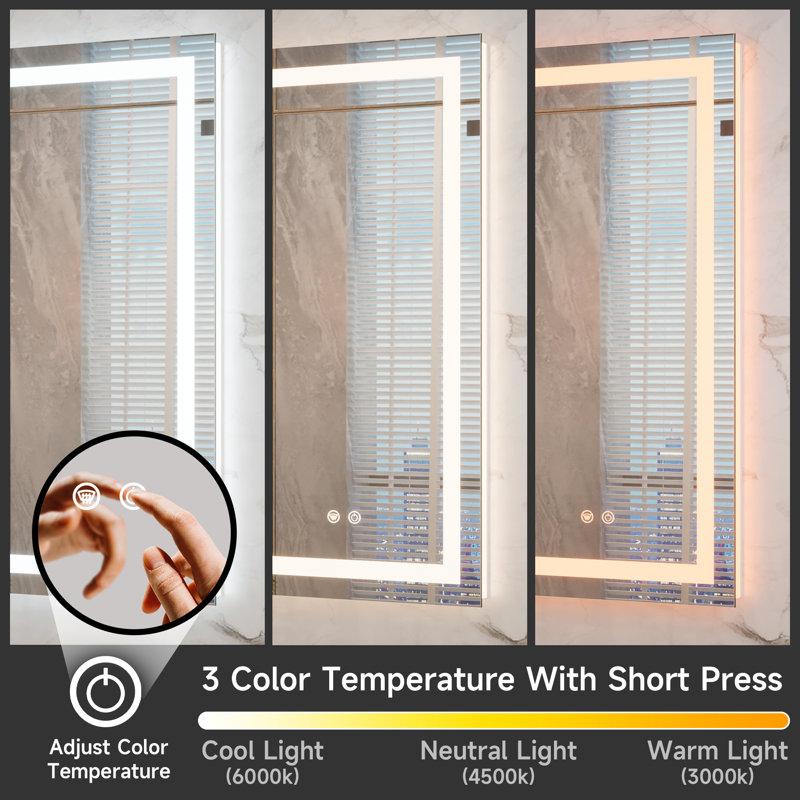 Cardier Front and Backlit Wall Mount Bathroom LED Vanity Mirror with 3-Color Adjustment, Shatterproof, Tempered Glass