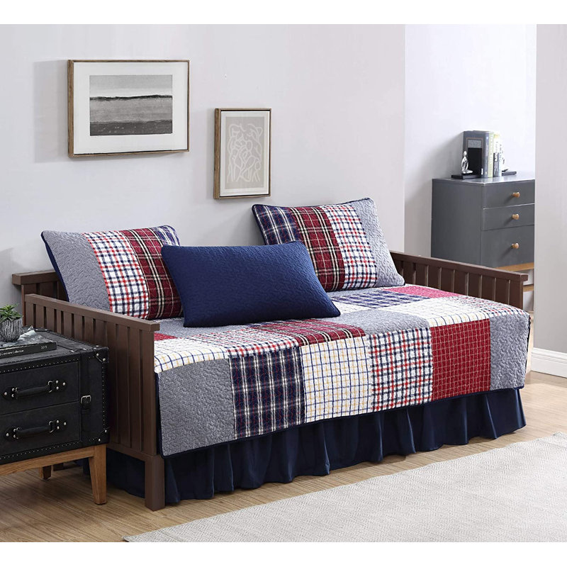 Blue 5-Piece Washed Cotton Quilted Patchwork Daybed Cover Set