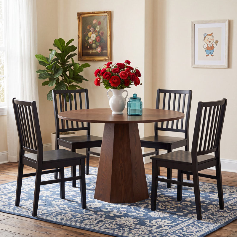 Round Dining Table Set, Mid Century Modern Small Round Dining Table Set, Black, Walnut