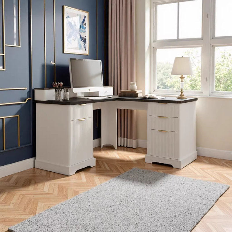 Bureau en L 59 po cannelé avec station de charge et armoire de rangement 59 po Modern, Blanc