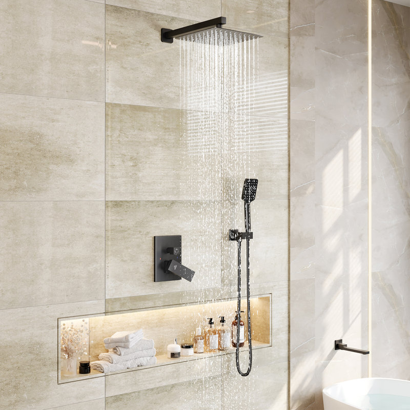Matte Black 12" Wall Mount Square Shower System with Handheld Spray