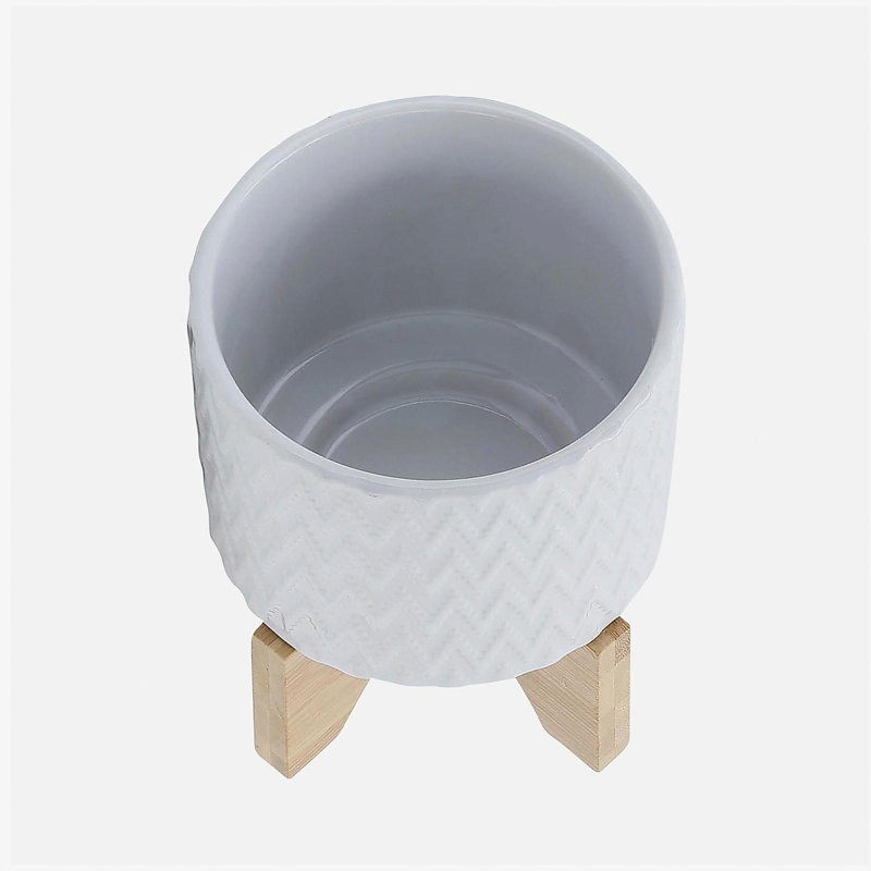 5" CHEVRON PLANTER W/ STAND, WHITE