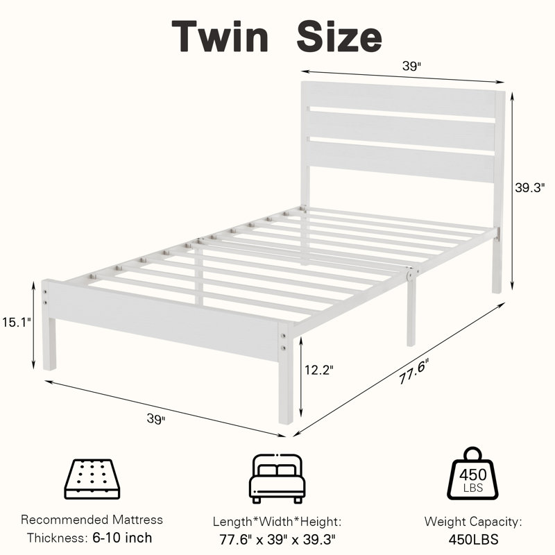 Structure de lit simple en métal avec tête et pied de lit en bois Alicia, lit plateforme rustique industriel avec support en acier robuste, aucun sommier requis, rangement sous le lit, sommier anti-bruit, blanc