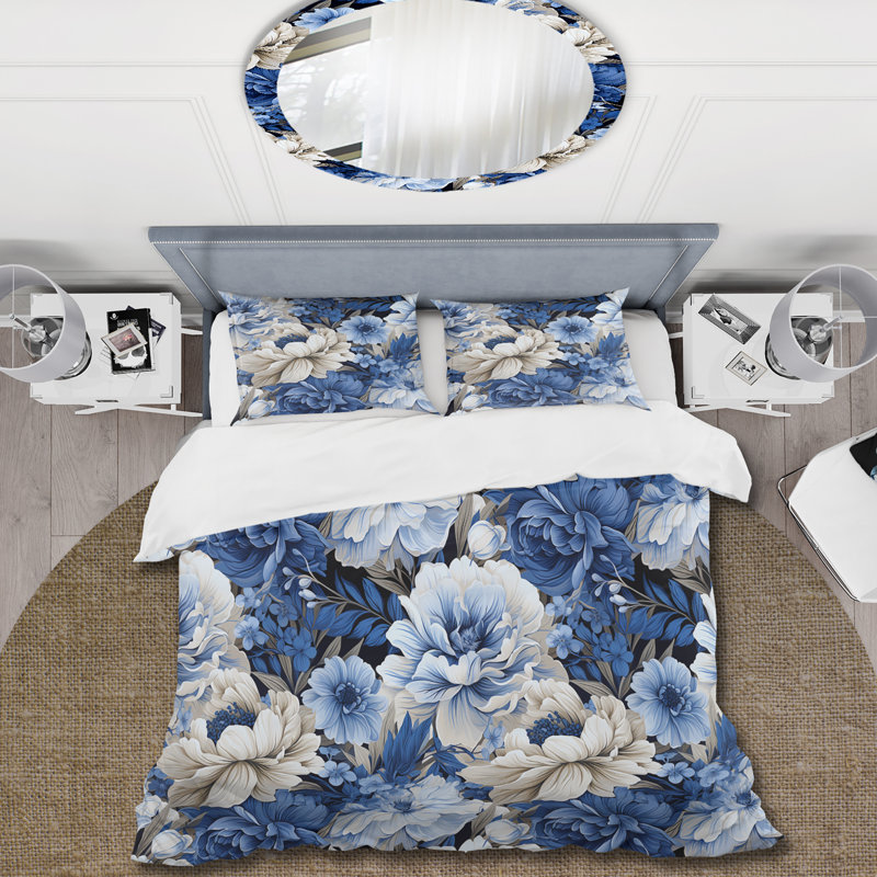 Blue Renaissance Florals Victorian Pattern II - Ensemble de housse de couette à motif floral