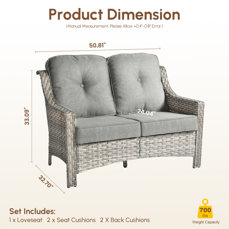 50.8" W 2-Seat Outdoor Patio Loveseat With 3.54" Thick Cushions, Pe Wicker Rattan Sofa With Steel Frame, High Back Tufted Cushion