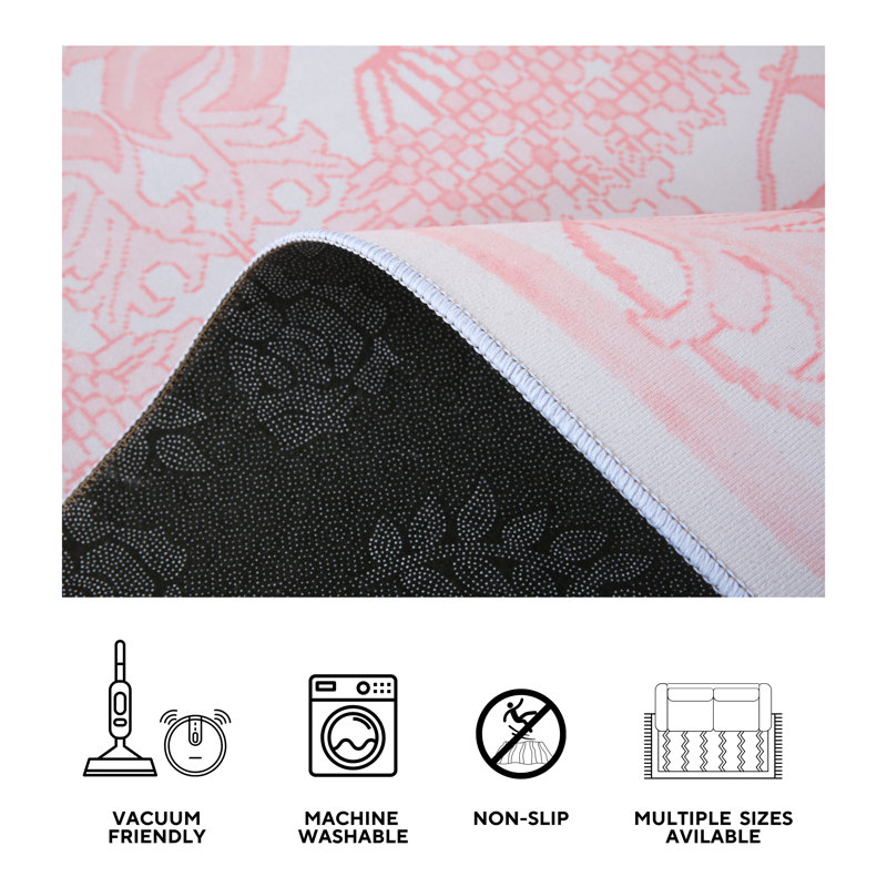 Pink William Morris Washable Runner with Built-in Padding and Non-Slip Backing, Rectangle 8' x 10'