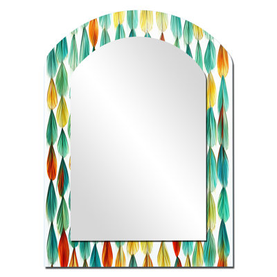 «Autumn Is Coming Retro Leaves» en bleu et rouge - grand miroir mural asymétrique géométrique, miroir décoratif de forme libre jaune, impression sur métal