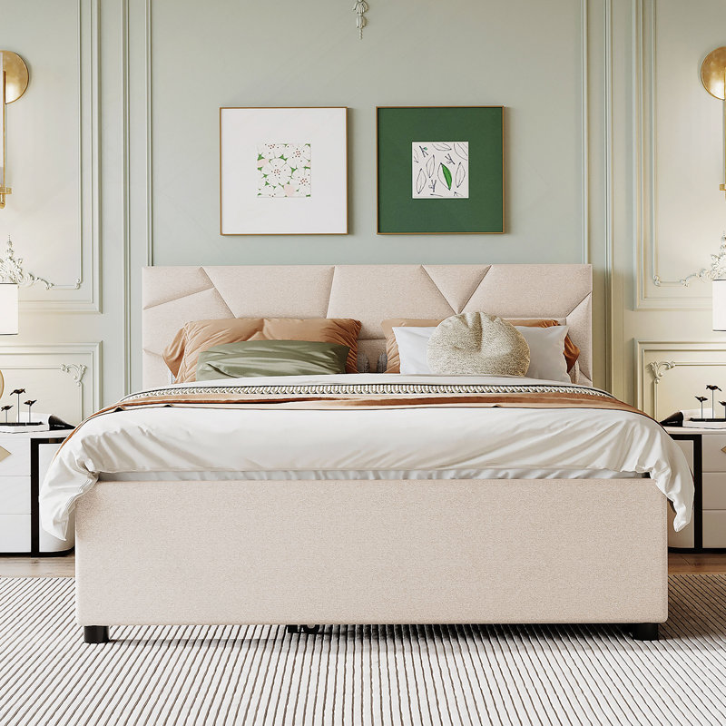 Upholstered Platform Bed With Brick Pattern Headboard And Trundle