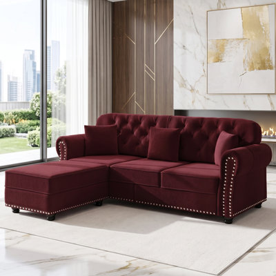82.6" Velvet Rolled Arm Chesterfield Sofa with Button Tufting, Nailhead Trim & 3 Pillows
