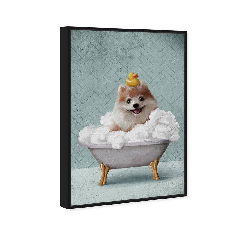 Bathtime Pupper - peinture sur toile à cadre flottant, H 54 po x l 36 po, Cadre noir