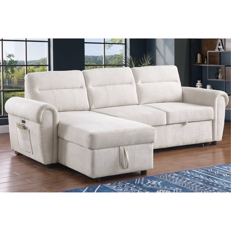 Canapé modulaire réversible avec chenille beige et méridienne avec rangement organisé
